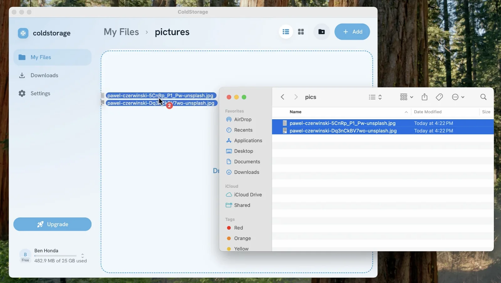 Two photos being dragged from a Finder window onto the ColdStorage file list, which is highlighted to receive them.